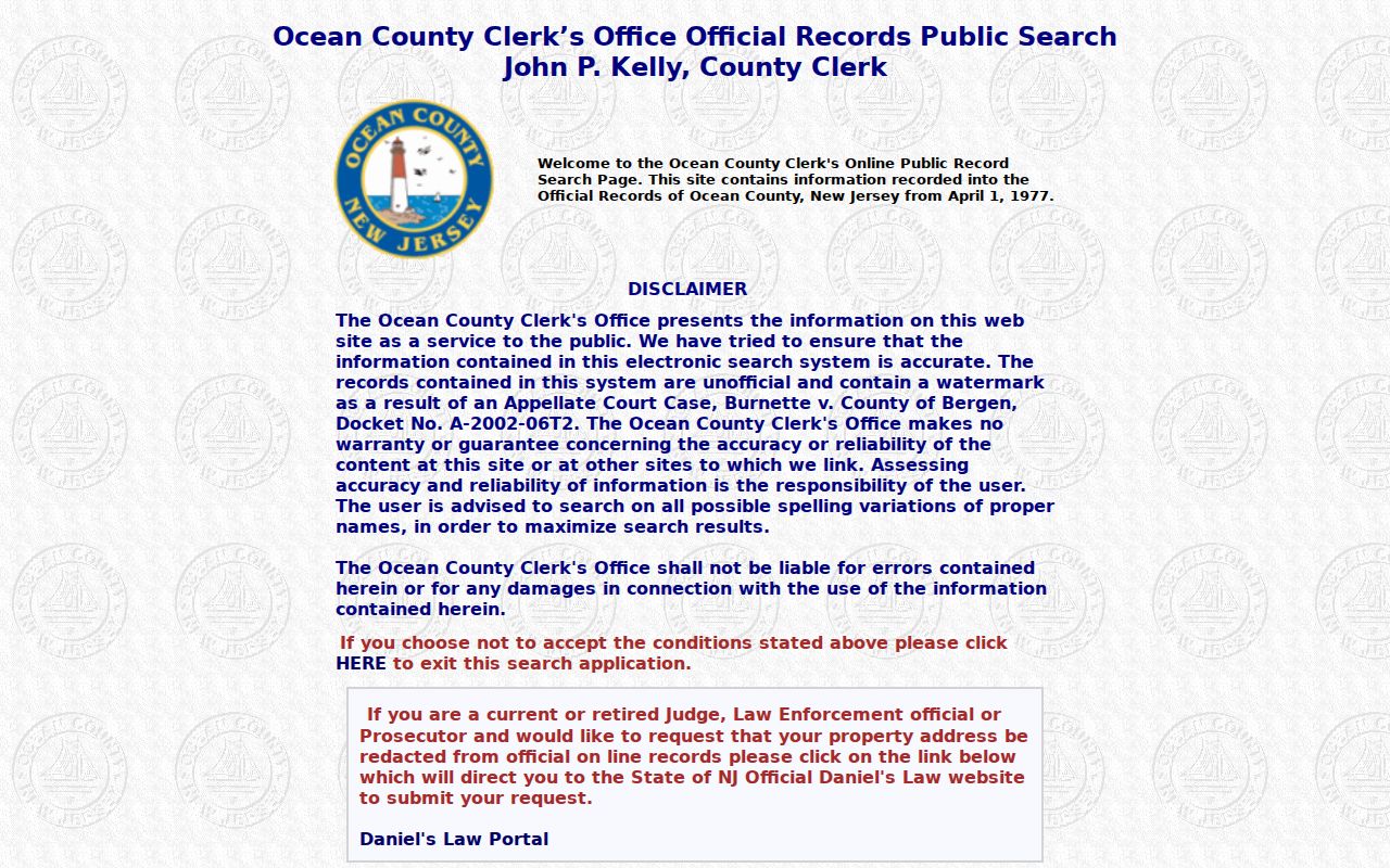 Ocean County Clerk SearchNG official-record search interface