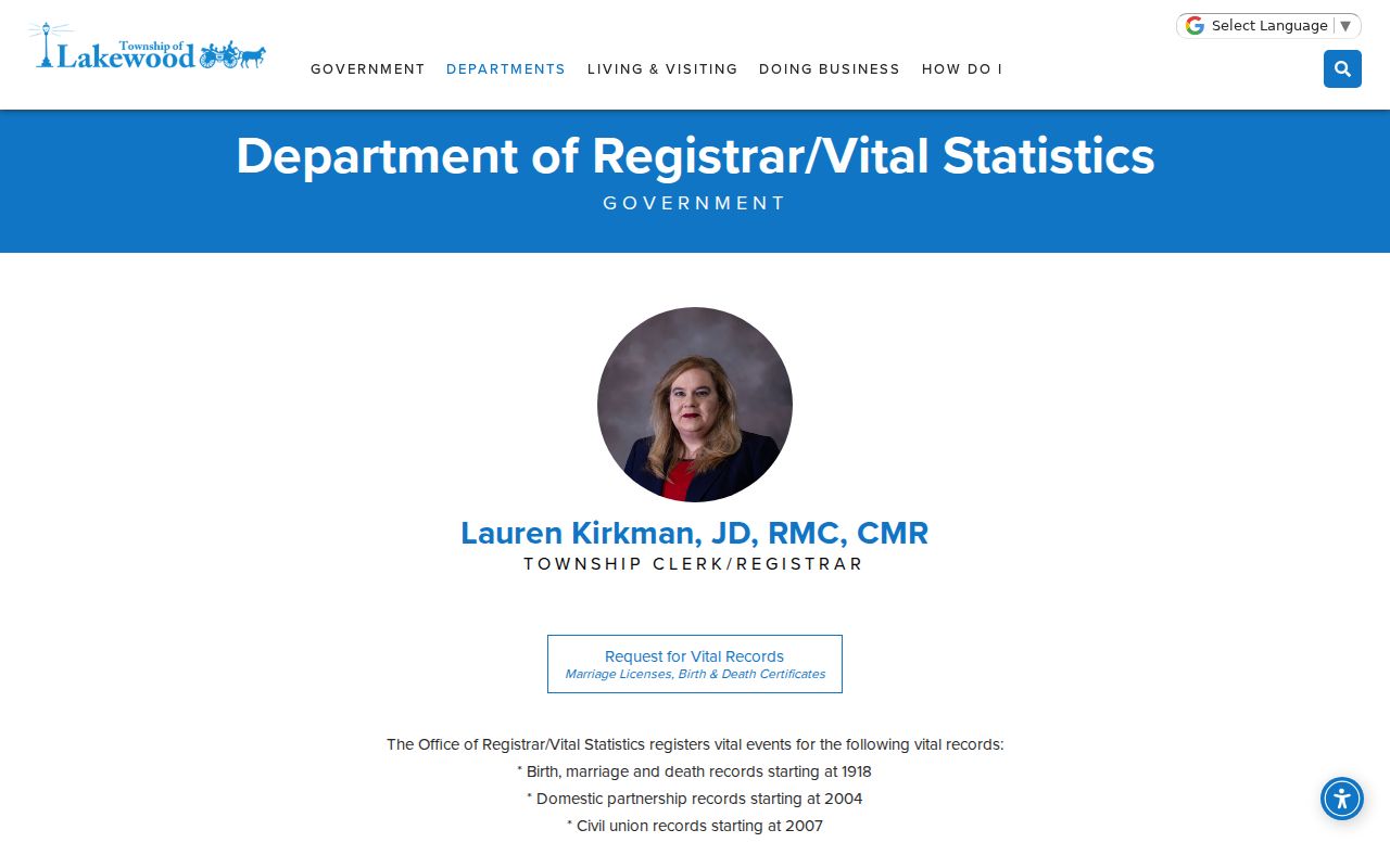 Lakewood Township resident lookup vital statistics registrar access page
