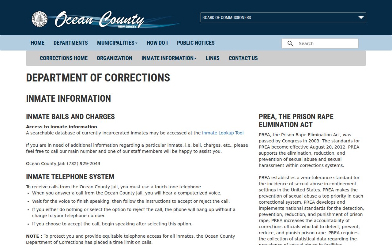 Lakewood Township resident lookup Ocean County inmate information page