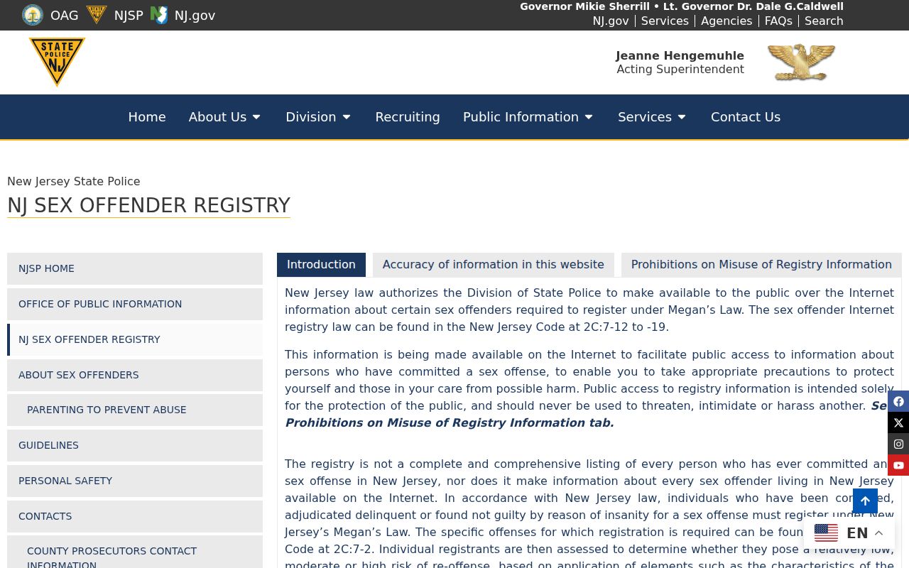 Lakewood Township resident lookup New Jersey State Police registry access page