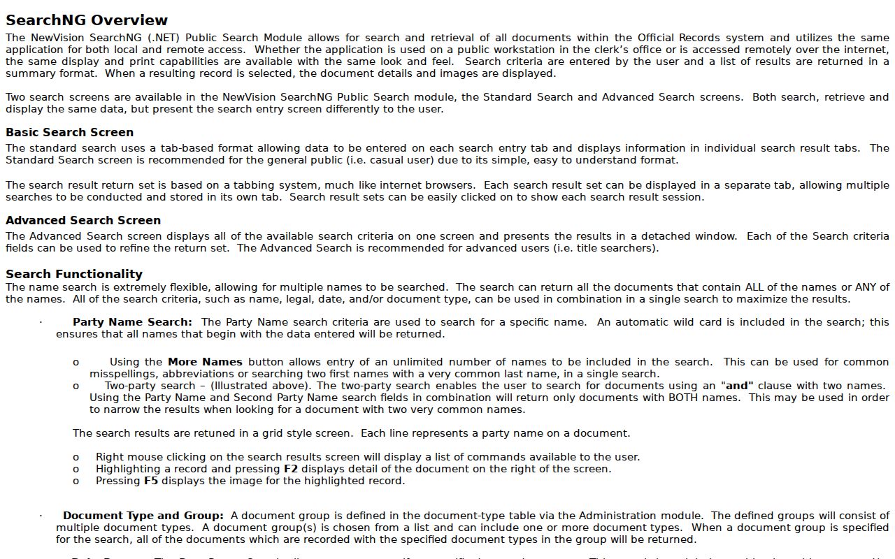 Lakewood Township street directory SearchNG deed-index help screen