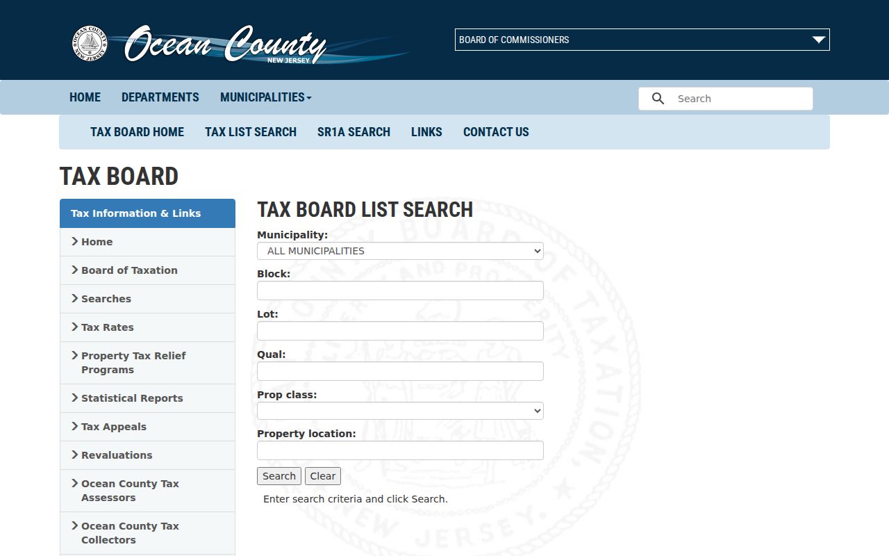 Lakewood Township street directory Ocean County tax-list search fields