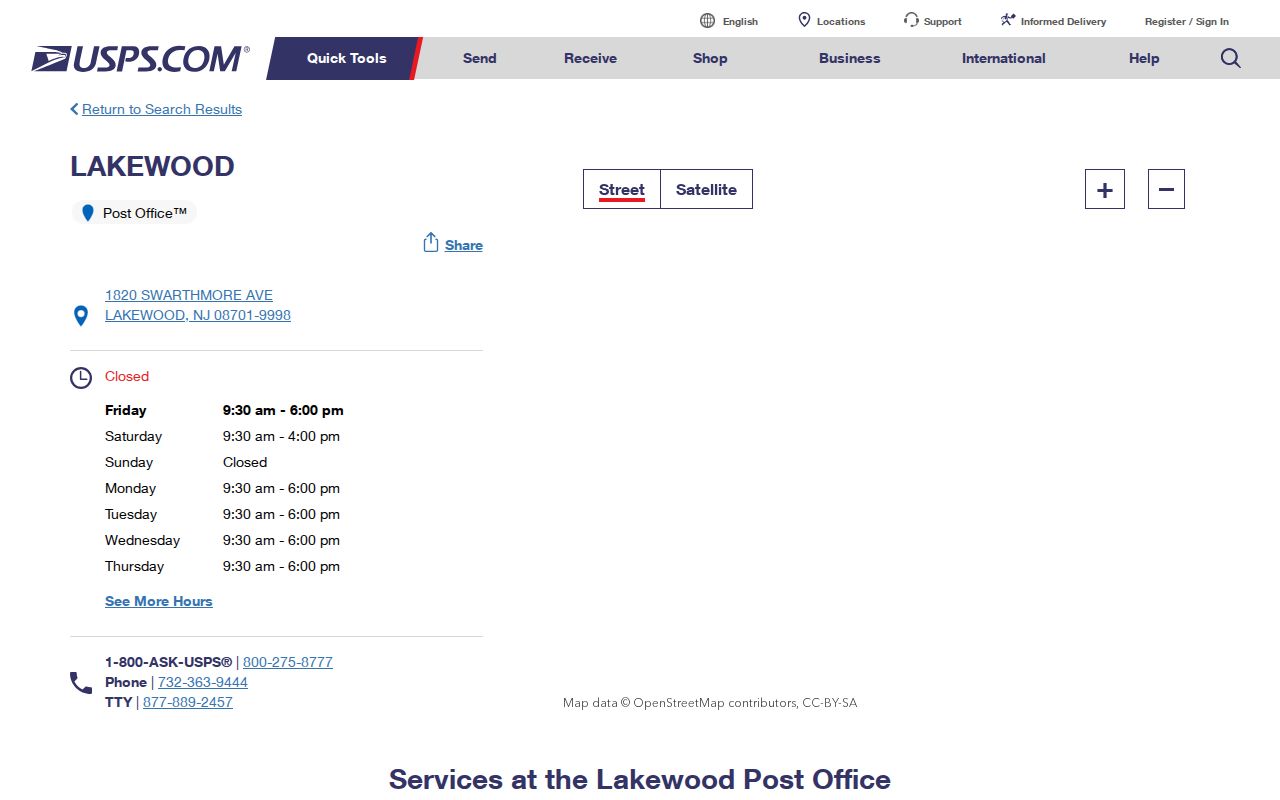 Lakewood Township ZIP code directory view of USPS Lakewood post office details